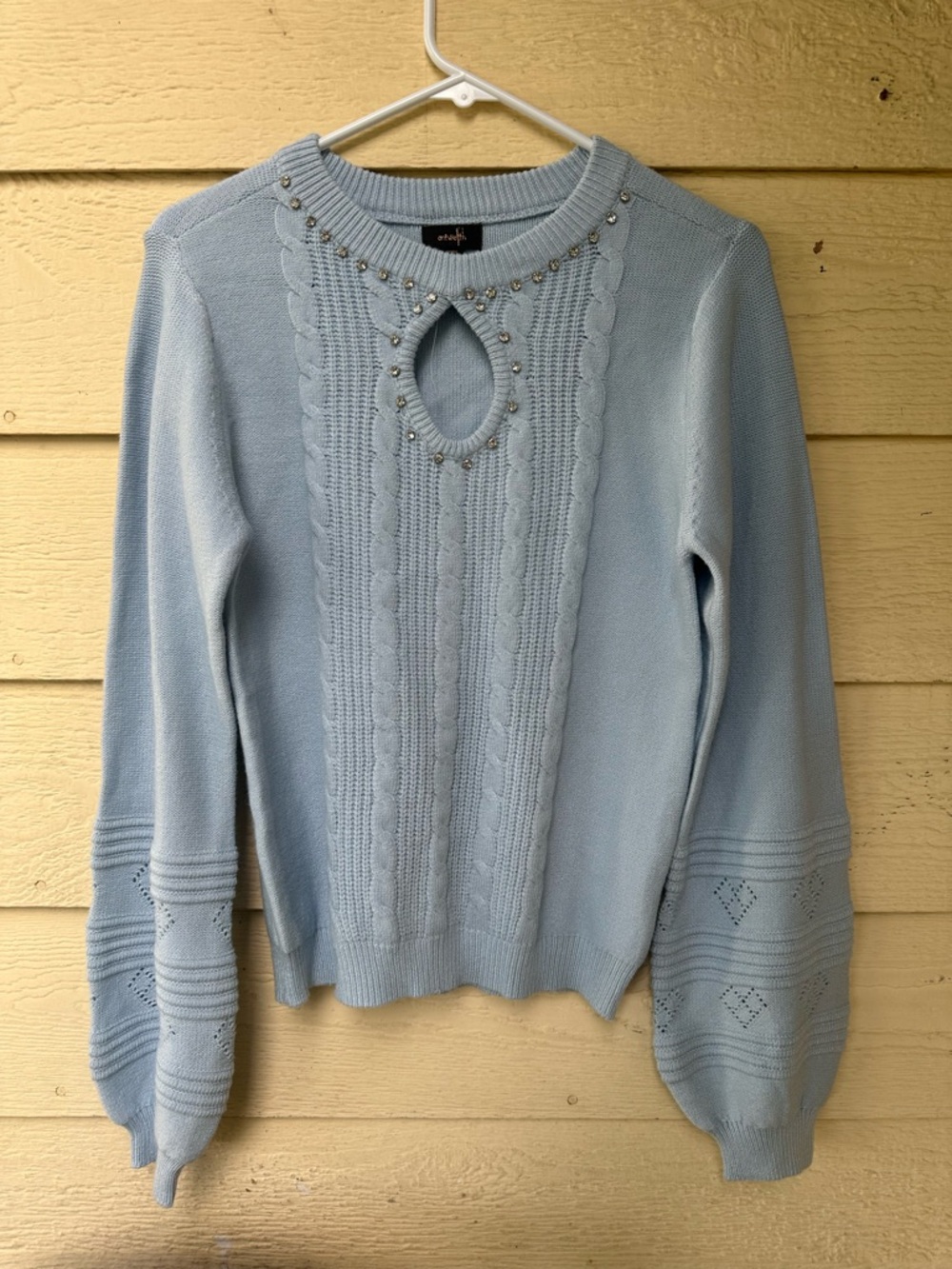 Ontwelfth Light Blue Knit Sweater
Rhinestone Neck Detail Bell Sleeves Soft